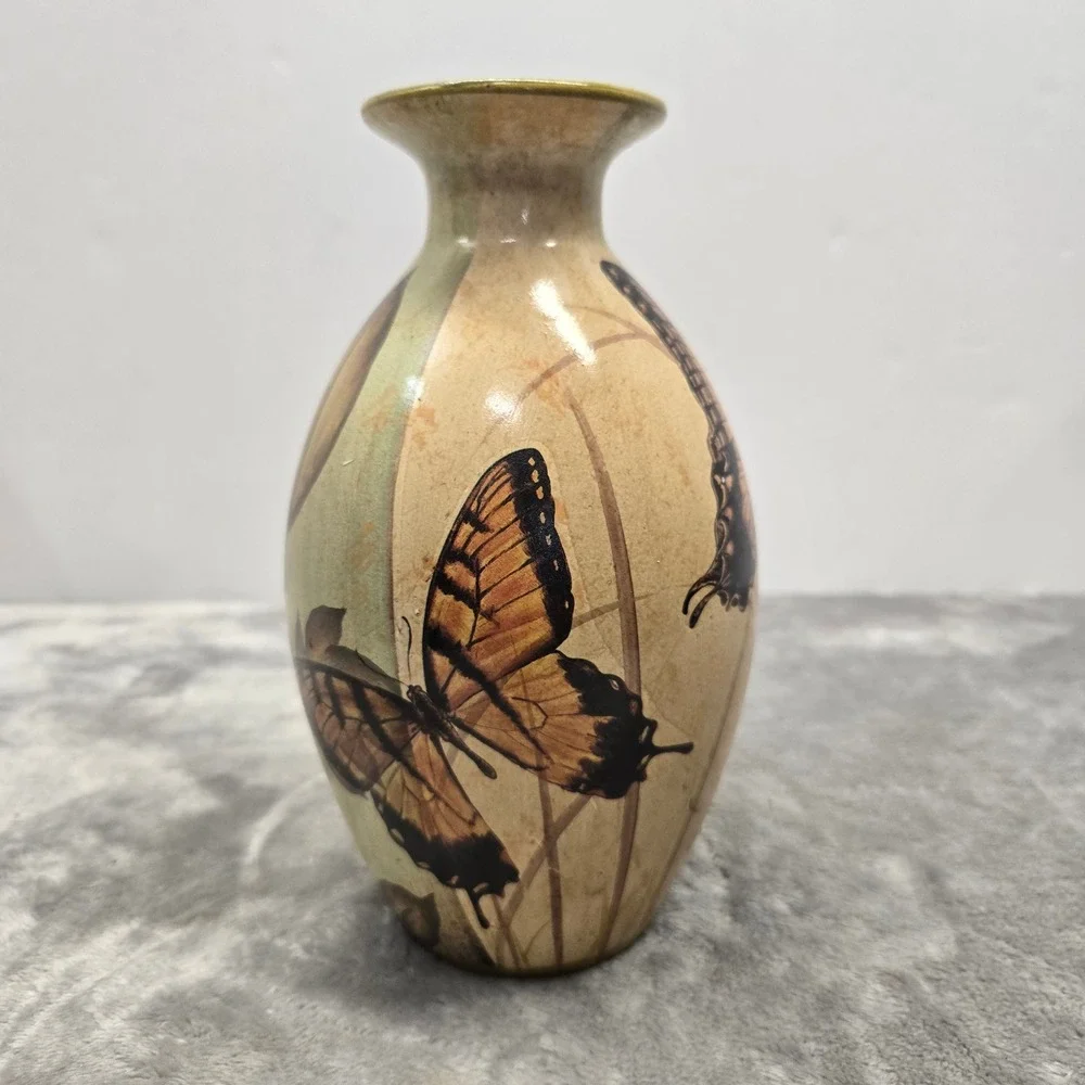 Decorative Butterfly and Dragonfly‎ Ceramic Bud Vase Earthy Botanical 7.25 inch